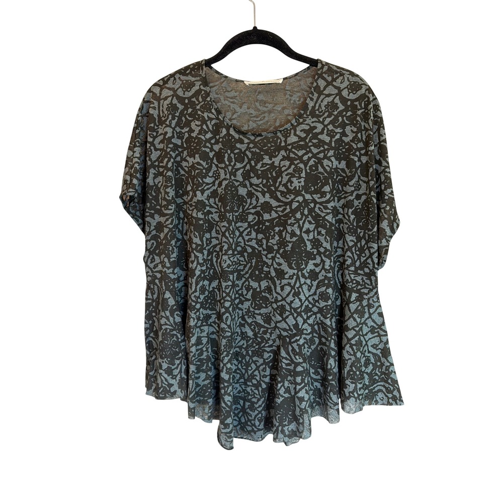 Peruvian Connection XL Grey Black Burnout Print Peplum Short Sleeve‎ Blouse Top